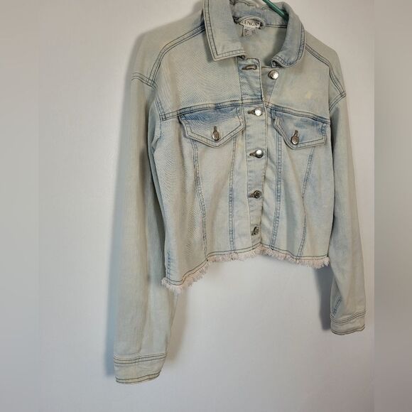 Venus Cropped Acid Wash Denim Jean Jacket Fringe Trim Grunge 90s Biker Small - Picture 2 of 14